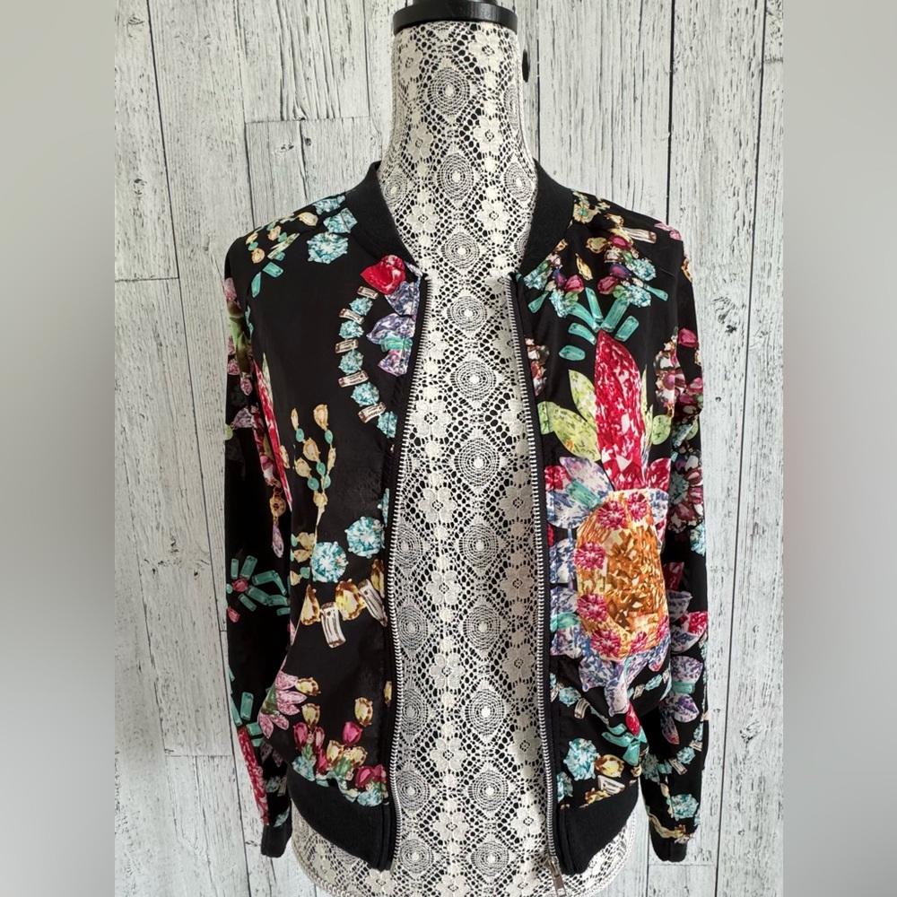 Pretty, Sheer Gemstone Print Zip Bomber Style Jacket, EUC